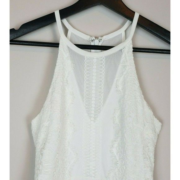Francesca's White Lace Mesh High Neck Mini Dress Formal Lined XS EUC - Picture 3 of 5